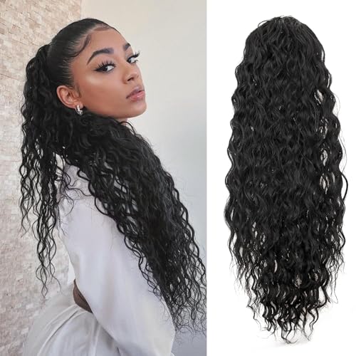 SuyiIRL Ponytail Extension,Curly Drawstring Ponytail Extension for Black Women Synthetic Clip in Ponytail Extension Brown Black Long Curly Wavy 24 Inch Fake Ponytail Hairpieces for Daily Use
