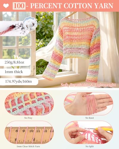 Image of Aeelike Beginner Crochet Kit for Adults, Crochets Set w Ombre Cotton Yarn & Step-by-Step Video Tutorials,Rainbow Coverup Sweater for Women Ideal DIY Gift Crochet Kit for Beginners,Gradient Pink