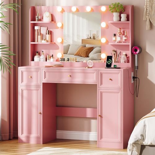 Large Vanity Desk with Mirror and Lights Makeup Vanity with Power Outlets 3 Drawers and 2 Large Cabinets 3 Lighting Modes Adjustable Brightness Dressing Table for Women Girls Pink