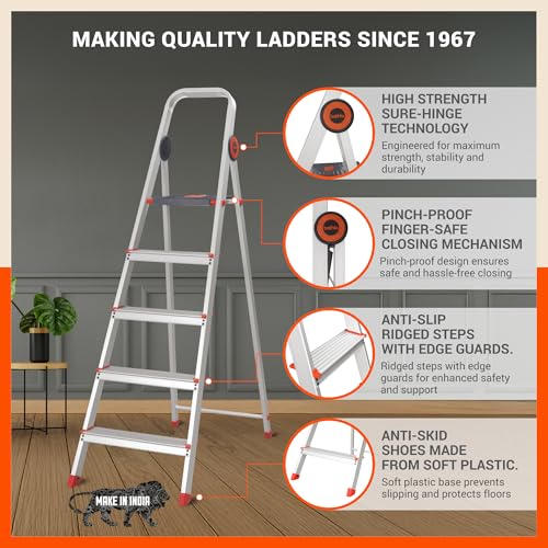 Image of Bathla Advance Pro 5-Step Foldable Aluminium Ladder for Home | Heavy-Duty & Anti-Slip Steps with Sure-Hinge Technology | 7-Year Manufacturer Warranty | Orange