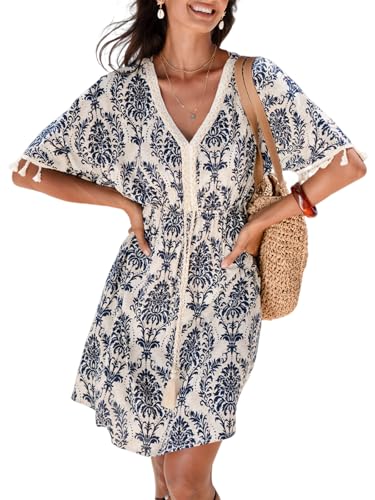 CUPSHE Women Tassel Trim Summer Dress V Neck Lace Short Sleeve Paisley Boho Casual Sundress Holiday Beach Mini Dress