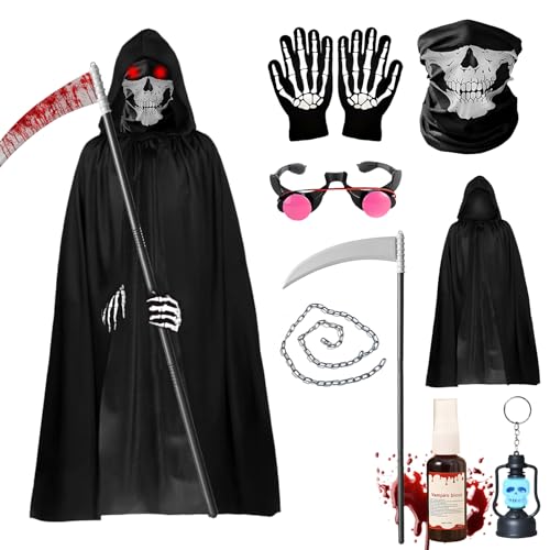 Disfraz de Halloween para Niños Adultos,Disfraz de Segador de Almas con Ojos Brillantes,Guadaña,Guantes,Sangre Artificial,Sombrero,Truco o Trato en Halloween,Fantasma Cosplay,Carnival (Niños: 120)