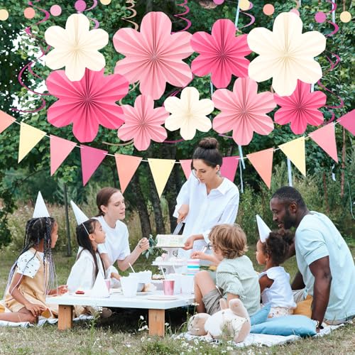 Image of Pink and Yellow Party Decorations Pink Floral Birthday Decoration Supplies | with Colorful Hanging Paper Flowers Tassel Garland and Swirls for Baby Showers Bachelorette Party Supplies Classroom Decor