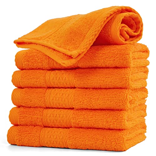 Cleanbear Washcloths Orange Face Cloths Set of 6 Large All Cotton Bathroom Wash Cloth - 13 by 13 Inches Highly Absorbent Face Towels for Fall Bathroom Decor Daily Use