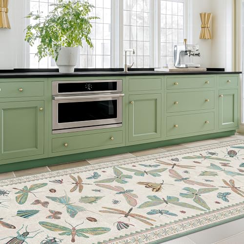 Image of Insect Print 8ft Long Hallway Runner Rug - 2'6''x8' Light Green Rug for Kitchen Floor, Wide Entryway Runner Rug, Washable Non Slip with Rubber Backing, Cool Butterfly Indoor Decor