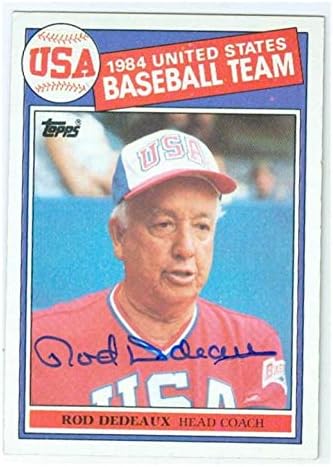 Rod Dedeaux autographed baseball card 1985 Topps #389 (USA Olympic USC Trojans Coach)