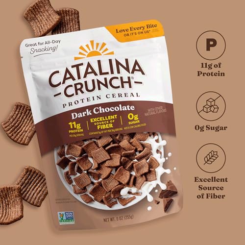 Image of Catalina Crunch Protein Cereal, Dark Chocolate, 9 oz Bag (Pack of 1) | Sugar Free, 11g of Protein, Gluten Free, Excellent Source of Fiber, Breakfast Cereal, Packaging May Vary
