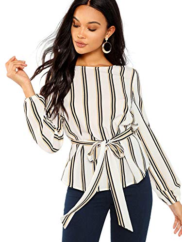 Romwe Women s Self Belted Striped Print Casual Blouse Top Shirt White Medium