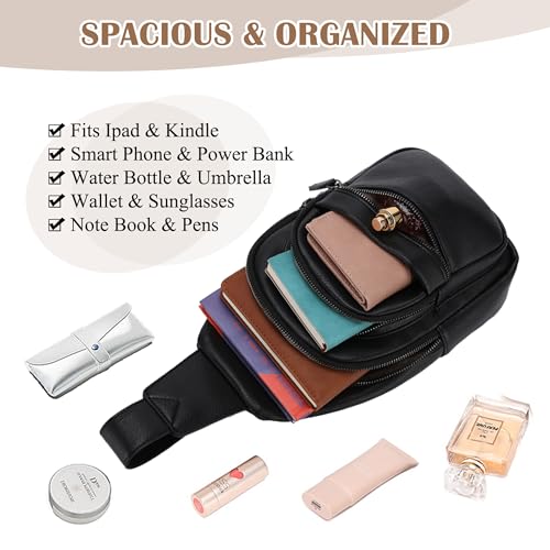 RAVUO Sling Bag, PU Leather Crossbody Backpack for Women Men Casual Hiking Daypack Multipurpose Chest Bag for Work College Black4