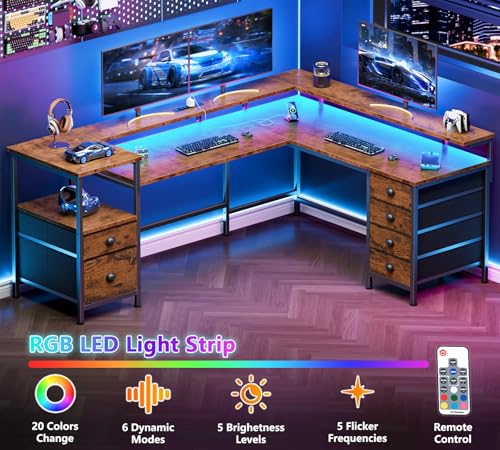 Image of Furologee 66 inch Reversible L Shaped Gaming Desk with 6 Drawers & Printer Storage Shelves, Corner Computer Desk with Power Outlets & LED Lights, Home Office Table with Monitor Stand, Rustic Brown