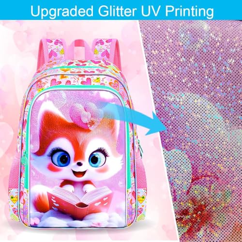 Image of CCJPX 16 inch Fox Backpack for Girls, 3Pcs Kids Bookbag with Lunch Box, Water Resistant Elementary School Bag for Kindergarten Preschool Toddler (Pink)