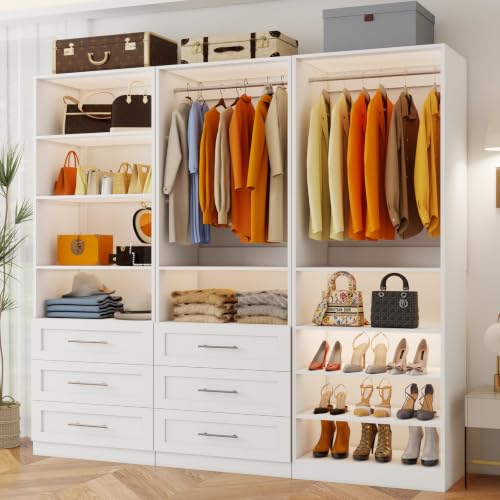Image of Closet system with 6 Wooden Drawers, 6-15.78FT Closet Organizer System, 5 Expandable Hanging Rods and 9 Open Shelves for Walk in Closet, Modular Closet Storage System with Shelves, Set of 3