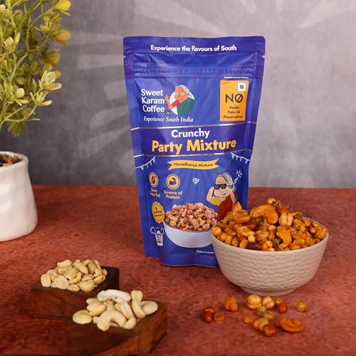 Image of SWEET KARAM COFFEE Crunchy Party Mixture Pack of 6 (95G each)|No Palm Oil or Preservatives|Spicy,Traditional Navadhanya Namkeen|Crispy Tea-Time Snack|Perfect For Gifting & Festive Celebrations