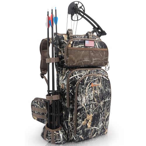 FunVZU Hunting Backpacks for Men, Saddle Hunting Bag with Bow Holder, Large Compound Bow Hunting Backpack & Duffle Bags, Deer Hunting Backpack with Rifle Holder (Marsh Reed)
