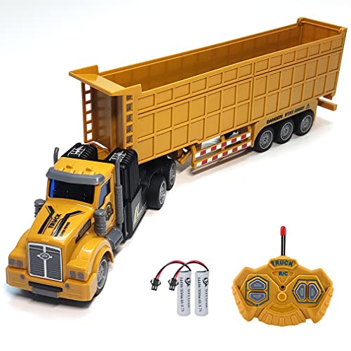 RC Dump Truck with Trailer - 14" 1:48 Mini Semi Truck Toy with 2 Rechargeable Batteries, Remote Control Car Construction Vehicles with Lights, Engineering Tractor Toy for 3 4 5 Years Kids Boys Girls by KNACKTOYZ - Used condition - US$26.59