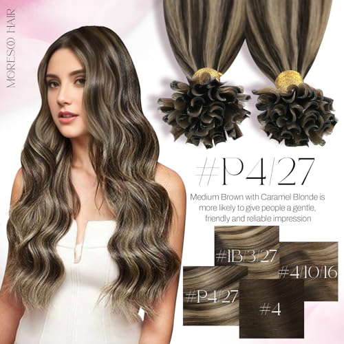 Image of Moresoo K Tip Hair Extensions Real Human Hair, Caramel Brown, 16 Inch | 50g 50 strands, hot fusion keratin tips, warm brunette blend, invisible bond look, party styling