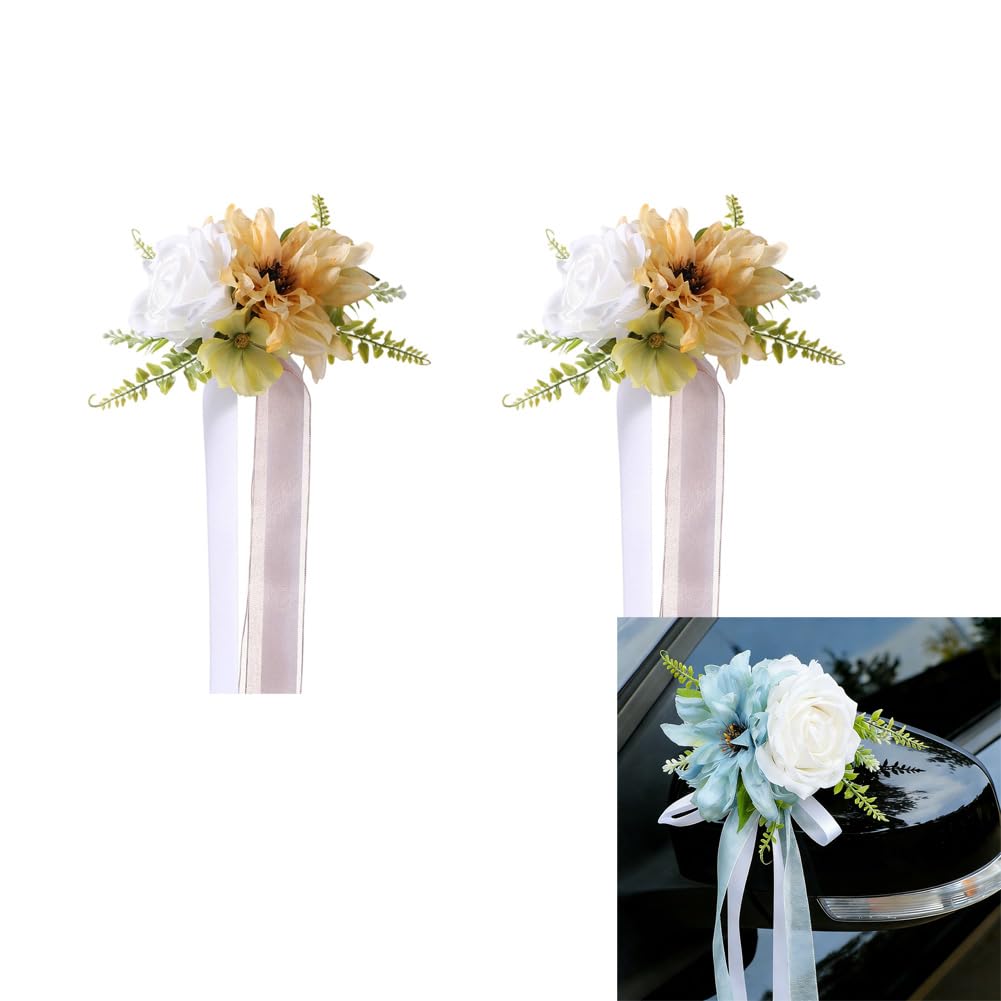 Autoschleifen Hochzeit Autoschmuck, Seidenblume Dekoration Simulation Rose Schleife, Künstliche Blume mit Satinband für Auto-Rückspiegel Türgriff und Stuhlsitze bei HochzeitenHellgelb