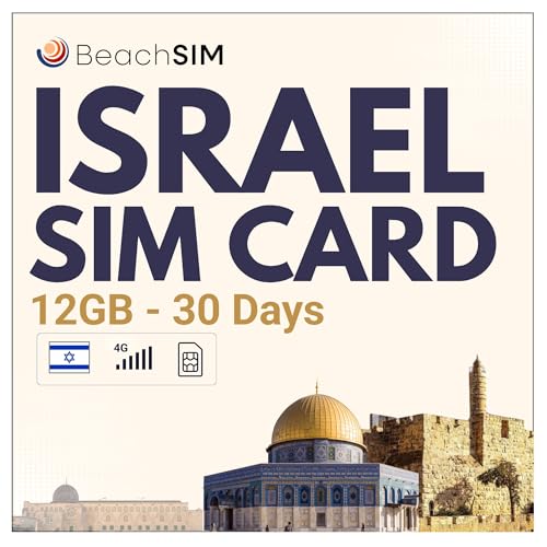 BeachSIM Tarjeta SIM Israel para 30 días. 12 GB de Datos a velocidades 4G/5G. Solo SIM de Datos prepago. Activación rápida. Fácil Recarga. Funciona en Dispositivos iOS y Android.