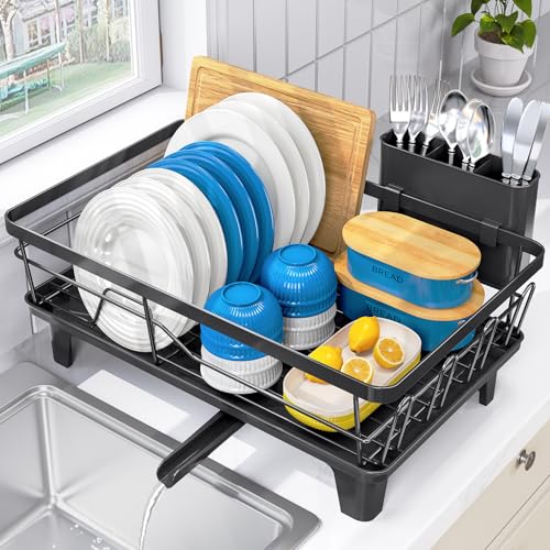 Urackify Dish Drainers for Kitchen Counter - Large Capacity Dish Drying Rack with Drainboard, Rustproof & Sturdy Design, Black Dish Rack Perfect for Plates, Cups & Kitchen Countertop Organization