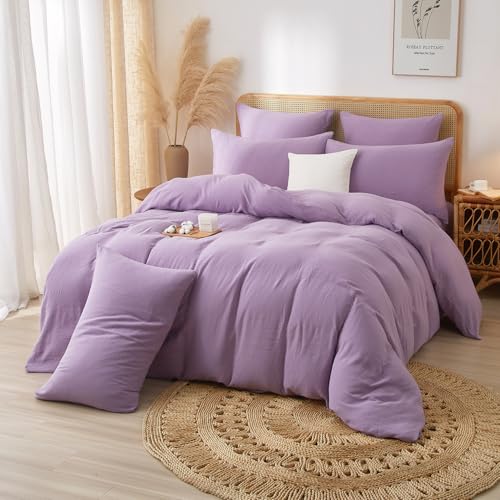 Luowei Juego de ropa de cama de muselina de verano de 135 x 200 cm, color lila, 100% algodón, transpirable y fresco, ropa de cama ligera y cómoda, funda nórdica con cremallera y 1 funda de almohada de