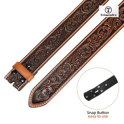 Western Belt Strap for Men without Buckle 1.5" Wide Floral Engraved Embossed Leather Belt Strap,L-Brown3