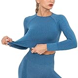 Damen Funktionsshirt für Jogging Gym Fitnessshirt, Damen Nahtloses Stricken Langarm Yoga Gymnastik Crop Top Slim Fit Fitness Workout Laufende Outfits Hemden Modesport T-Stück Trainingsshirt Laufshirt