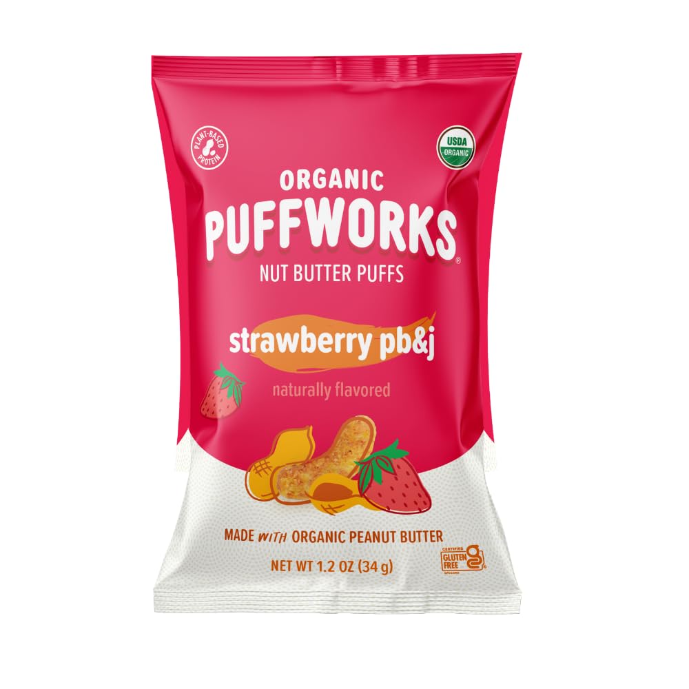 Puffworks Strawberry PBJ Organic Peanut Butter Puffs, 1.2 Ounce (Pack of 6), Plant-Based Protein Snack, Gluten-Free, Vegan, KosherUSDA Organic