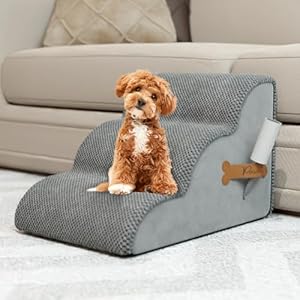 PAWZY Foam Pet Stairs for Bed, Couch or Window - Prefixed Cover - Wide Steps for Small Dogs, Puppies, Cats - Waterproof, Non-Slip Base - 3-Tier Dog Ramp Stairs - Grey PAWZY Foam Pet Stairs for Bed Couch or Window Prefixed Cover Wide Steps for Small Dogs Puppies Cats Waterproof Non Slip Base 3 Tier Dog Ramp Stairs Grey
