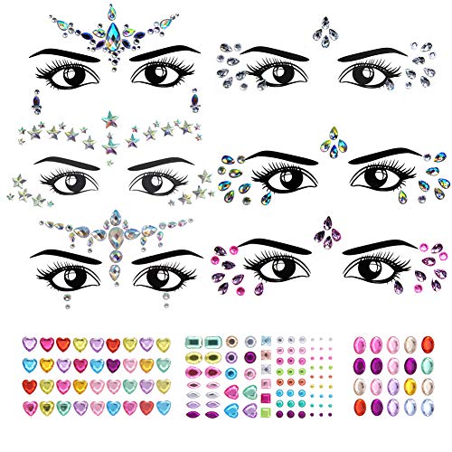6 Pack Face Gems Crystal Sticker con 130 piezas de joyas artesanales autoadhesivas Set Face Jewelry Glitter Rhinestone Tatuaje temporal Frente Decoración de cejas para Navidad Fiesta de Halloween