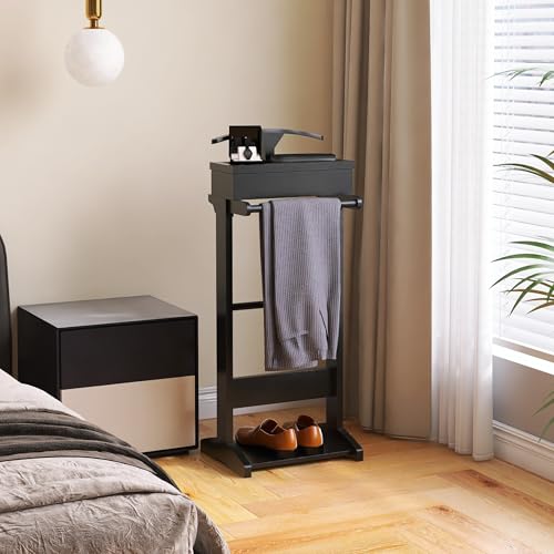 Image of Wooden Valet Stand Clothes with Shoe Shelf, Coat Hanger and Hat Rack, Mens Valet Stand with Storage Organizer, Display Free Standing, Black