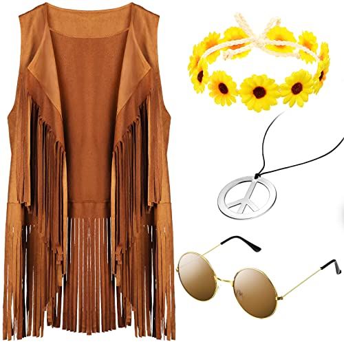4 Pcs Halloween Carnival 60s 70s Women Hippie Costume Set Fringe Vest with Sunflower Hairband Peace Necklace Glasses(XXX-Large)