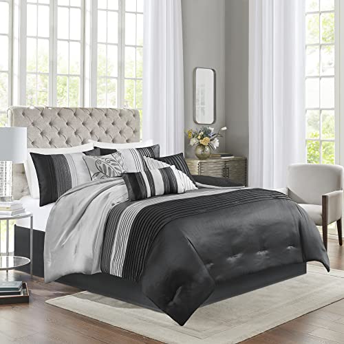 Madison Park Amherst Faux Silk Comforter Set-Casual Contemporary Design All Season Down Alternative Bedding, Matching Shams, Bedskirt, Decorative Pillows, Full(82"x90"), Black, 7 Piece (MP10-2587) -  E&E Co. Ltd DBA JLA