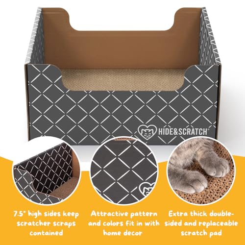 Hide & Scratch Cardboard Cat Scratcher Box & Bed - Dark Grey Diamond | Double-Sided Corrugated Pad for Indoor Cats | Refillable Scratching Board Toy for Play & Furniture Protection - Image 4