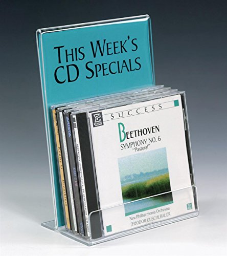 Displays2go Set of 10, Clear Acrylic CD Holder with Sign Frame for Tabletop, Single Tier Rack for Storing 5 CDs