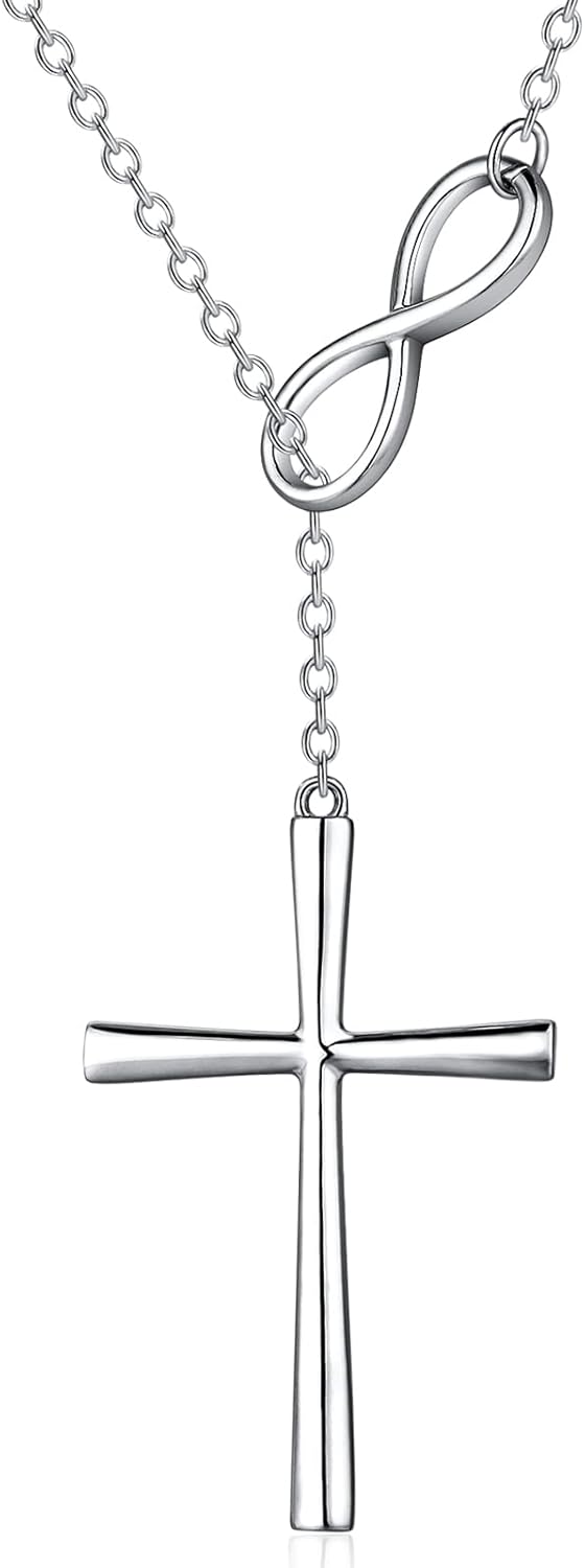 Infinity Cross Necklace, 925 Sterling Silver Cubic Zirconia Cross Jewelry Christian Birthday Baptism Gift for Women