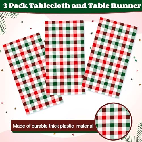 Image of Ganeen 3 Pcs Christmas Buffalo Plaid Tablecloths Disposable Plastic Red and Green Checkered Table Cloths Waterproof Rectangle for Winter Christmas New Year Holiday Party Decor, 54 x 108 Inch