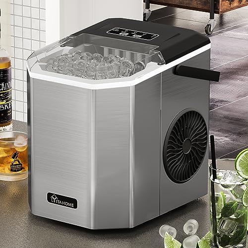 YITAHOME Ice Maker Countertop 26LBS/24H, 9 Cubes/6MIN, Self-Cleaning Stainless Steel Pellet Ice Maker with Carry Handle Ice Scoop & Basket, 2 Sizes Bullet Ice Cube for Home Kitchen Party