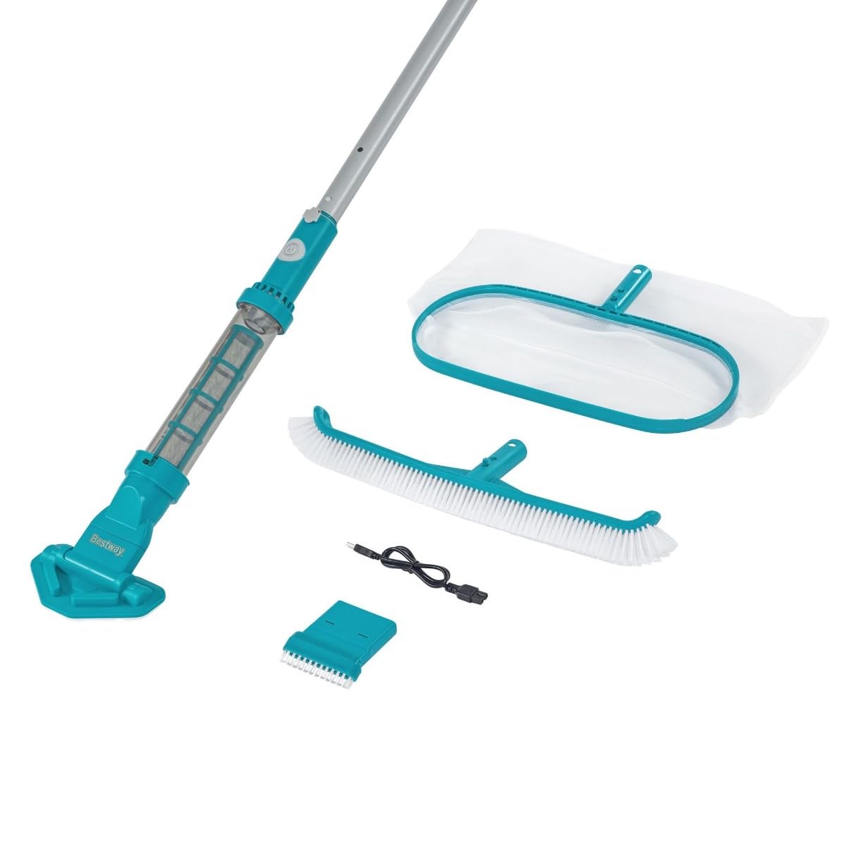 AquaSurge Poolpflege-Set mit akkubetriebenem Poolsauger, Kescher und Poolbürste, für Pools bis 610 cm, 50 min Laufzeit, Ladekabel, 0,54 L Schmutzbehälter, 2 Saugköpfe, Haltestiel, langlebiges Netz
