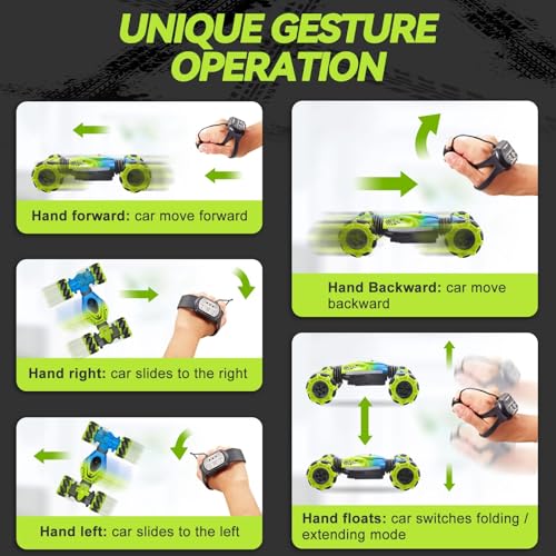 Dysaim Gesture Rc Car Hand Controlled Stunt Car For 6-12 Yr Boys Girls,4Wd 2.4Ghz Remote Control Gesture Sensor Toy Cars Drift Twist Offroad With Light Music For Ages 8-13 Kids Birthday Gift,Green