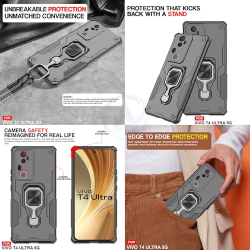 Image of AESTMO Armor Back Cover for Vivo T4 Ultra 5G | Ring Holder & Kickstand & Camera Protection in-Built | 360 Degree Protection Back Case Cover (Black)