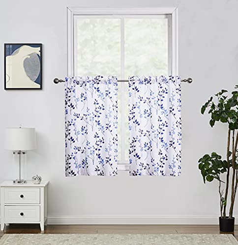 Beauoop Floral Print Kitchen Tiers Cafe Curtains 36 Inch Length Navy Blue-White Small Window Curtains For Bathroom Laundry Room Basement Botanical Rod Pocket Light Filtering Drapes, 28 "W, 2 Panels #TOP29