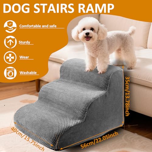 Hunde Treppe Bett 3 Stufen Haustiertreppe 35cm Hoch für Kleine Hunde Hundetreppe mit Waschbarem Bezug und Rutschfestem Boden für Bett Sofa und Auto Bezug Grau aus Hochdichtem Schwamm (grau, M, 3)