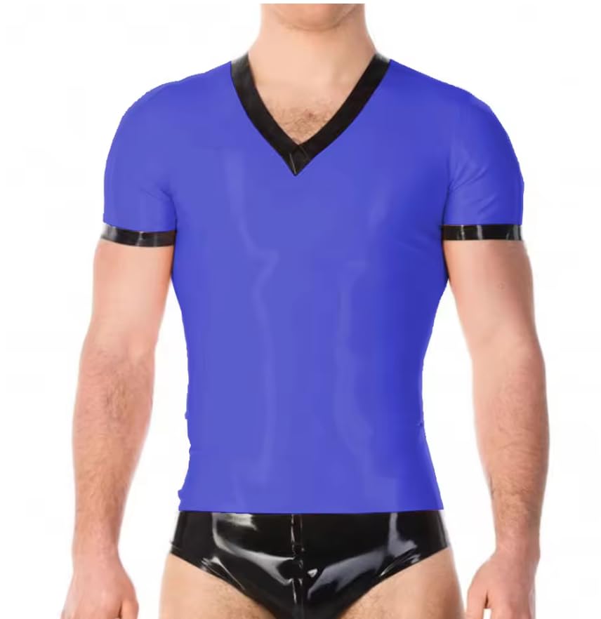 Męskie PVC skóra Wetlook krótki rękaw rozciągliwy klub nocny dekolt w serek męskie topy odzież klubowa męska obcisła koszulka personalizacja