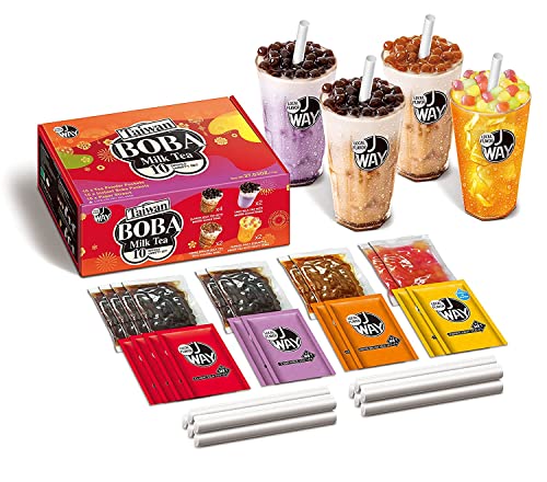 J WAY Instant Boba Bubble Pearl Variety Milk Tea Fruity Tea Kit with Authentic Brown Sugar Caramel Fruity Tapioca Boba, Ready in Under One Minute, Paper Straws Included - Gift Box - 10 Servings