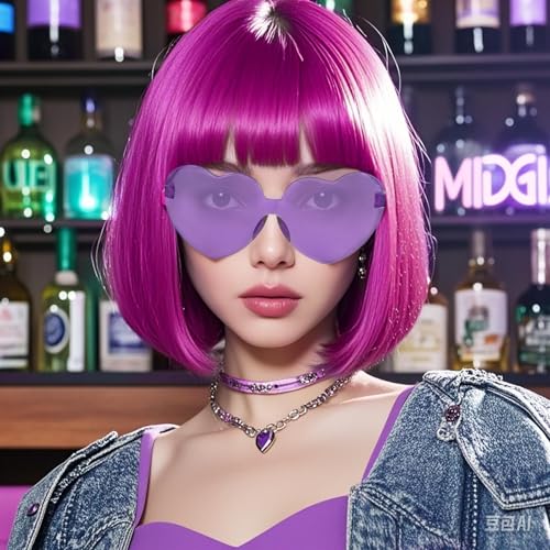 BECULINA Dark Purple Bob wig【+Hair Cap】 Purple Funny Wig with Bangs for Womes Dark Purple Bob Cosplay Wigs for Cosplay Halloween Theme Party Costume Outfit