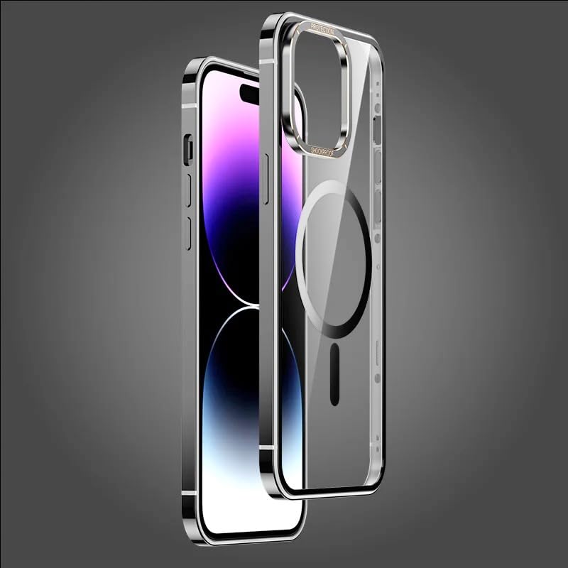 Stainless Steel Finish Aluminium Frame Highly Clear Transparent Backboard Lightweight Compatible with Magsafe Mobile Cover/Case For iPhone 15 Pro & iPhone 15 Pro Max. (Gray, iPhone 15 Pro Max)