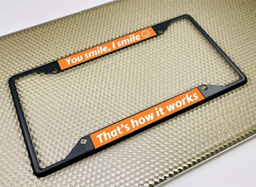 Image of Personalized with Custom Text Design - 4 Hole Black Metal Laser Engraved US Standard Size - Car License Plate Frame with Free caps - Orange /White Text (Qty: 1 Frame)