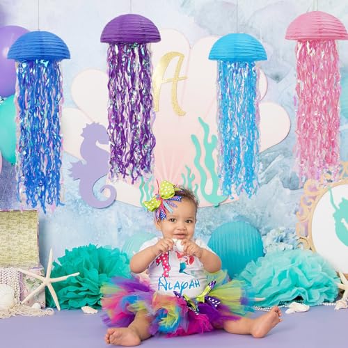 Image of Jellyfish Paper Lanterns Under The Sea Party Decorations Hanging Colorful Jellyfish Lanterns for Baby Shark Mermaid Birthday Party Decorations Baby Shower Classroom Decor Pack of 4 Colorful