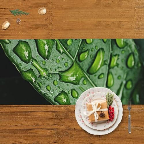 Chemin de table feuilles vertes 152cm en coton lin rustique avec pompons - 6