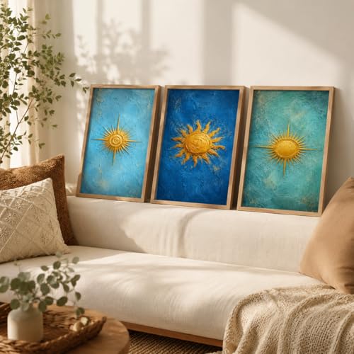 Image of Livin'luxe Set of 3 Golden Sun Abstract Wall Paintings for Living Room Bedroom Hallway Home Decor with Premium Wooden Color Synthetic Frame (25.5 x 19.5 Inch) NM03-71